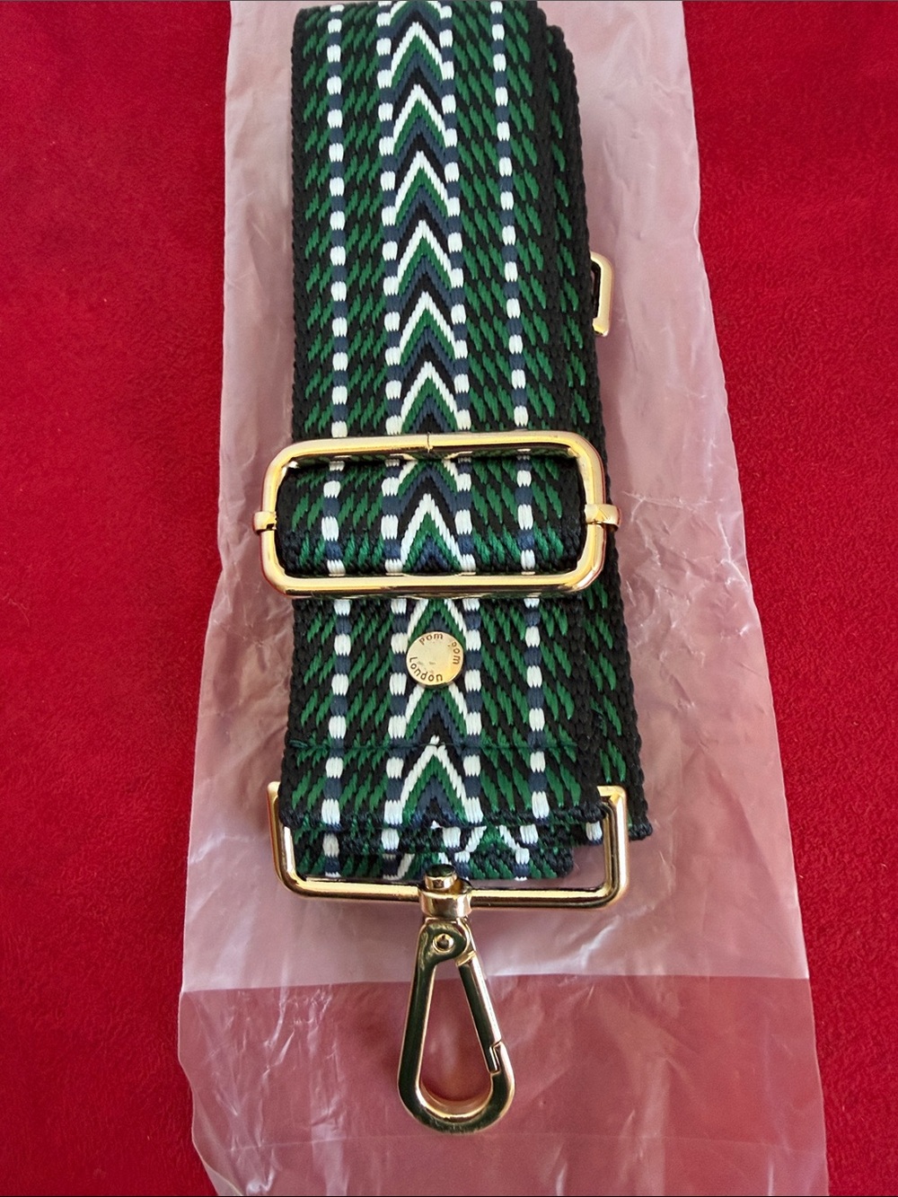 Pom Pom London Adjustable Crossbody Guitar Strap - Green/White/Navy Blue/Black.